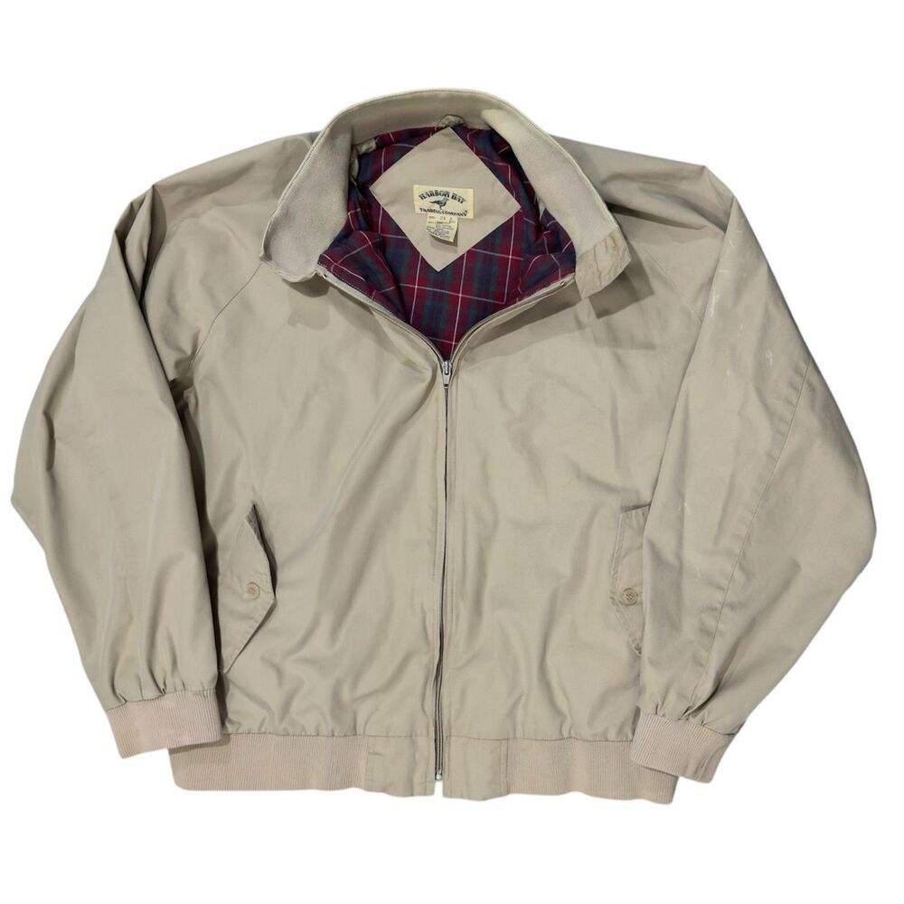 Vintage Harbor Bay Plaid Lined Harrington Jacket Sz 2X Beige Full-Zip Bomber 90s